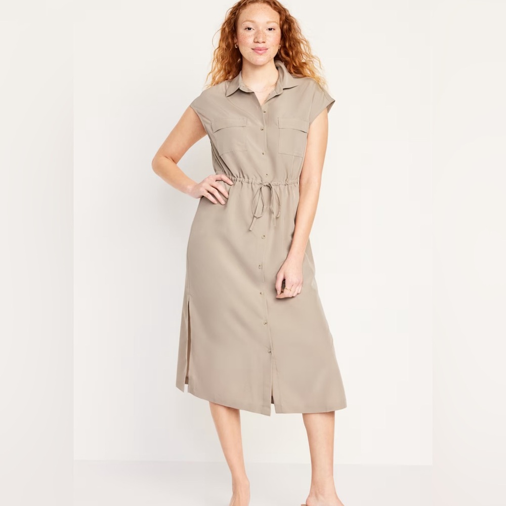 NWT Old Navy Waist-Defined Midi Shirt Dress Tan [Sz L]